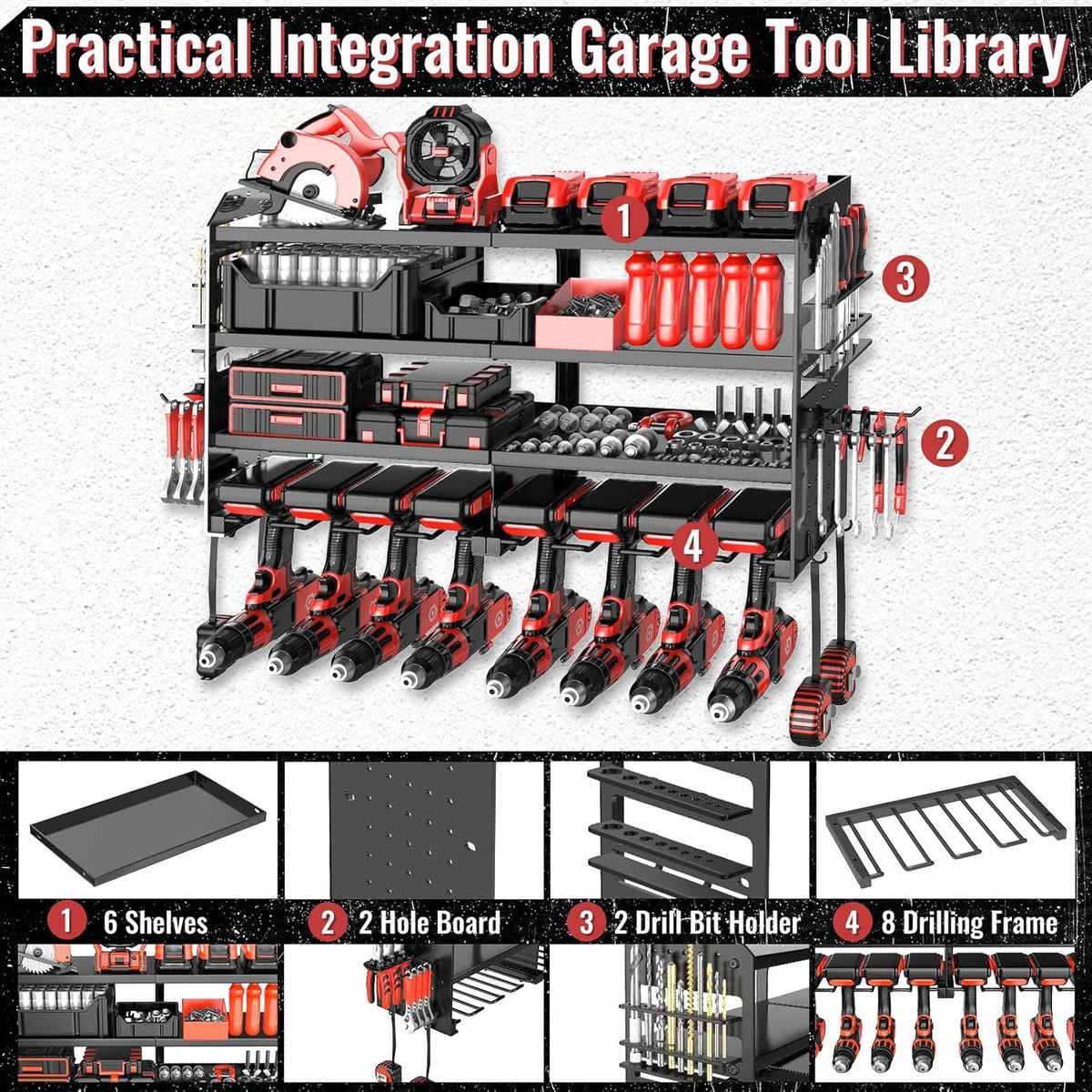 Power Tool Organizer Wall Mount, Metal 4 Layer Heavy Duty Metal Power Tool Storage Rack, Garage Drills Storage Shelves with Screwdriver Holder Plier Holder (Black, 8 Drills Holder)