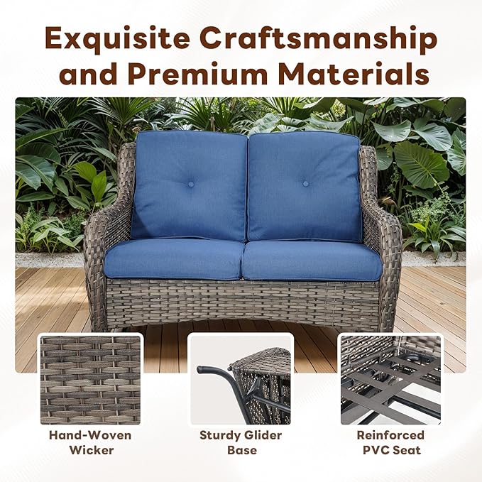 4 Piece Patio Furniture Set - Outdoor Glider Bench with Swivel Rocker Chairs and Coffee Table, High Back Small Outdoor Conversation Furniture Sets for Deck Sunroom Balcony Backyard