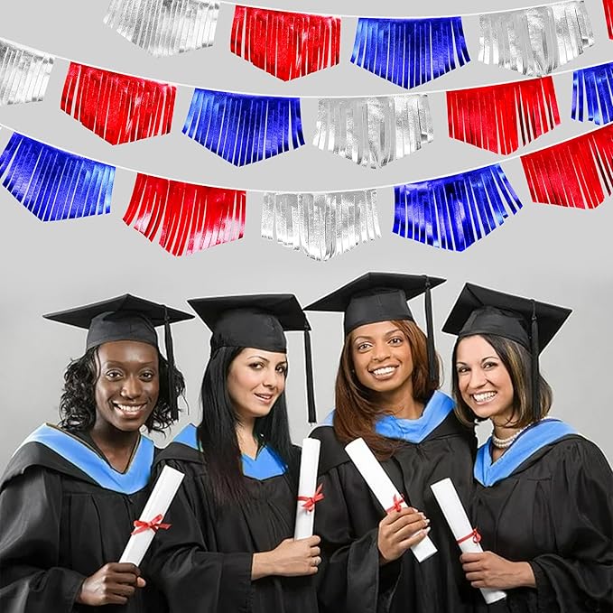 Blue Red Silver Tassel Banner Metallic Fabric Pennant Bunting Flag for 4th of July American USA National Day Patriotic Veterans Graduation Wedding Birthday Retirement Nautical Party Decorations