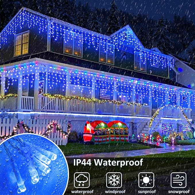 Christmas Icicle Lights Outdoor, 98FT 1216 LED Icicle String Lights with 8 Modes 228 Drops, Curtain Twinkle Lights for Bedroom House Holiday Party Wedding Decorations, Blue