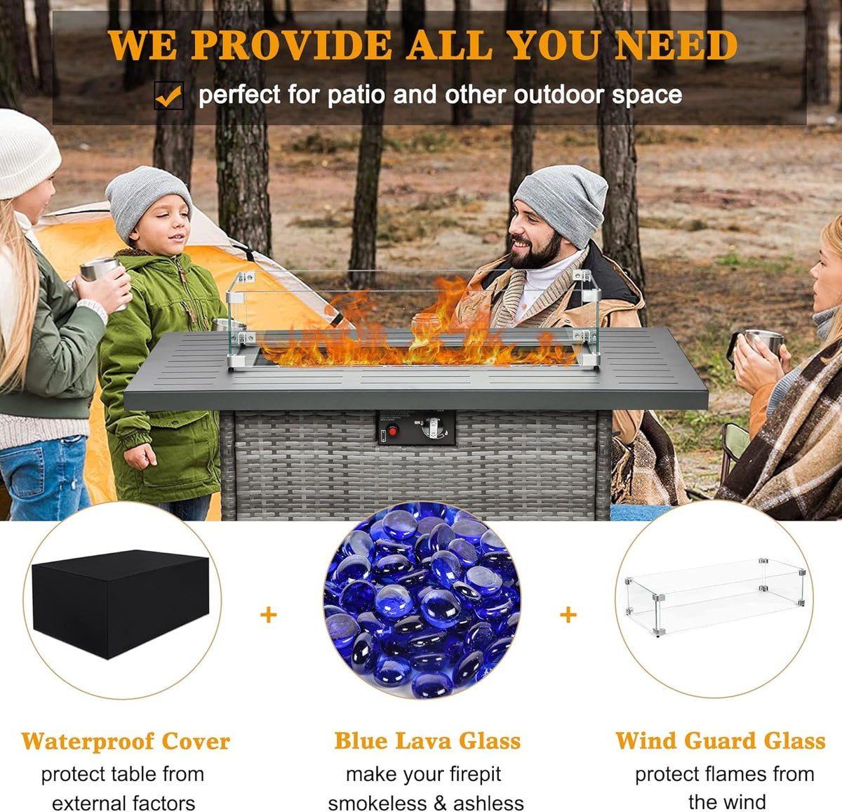 LayinSun 44" Propane Gas Fire Pit Table, 55000 BTU Rectangular Fire Pit with Glass Wind Guard for Outside Patio Deck Garden Backyard Gray-Aluminum Top
