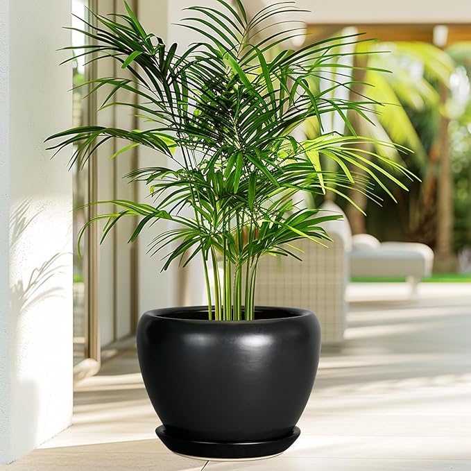 Ceramic Planter Pot - 8 Inch Plant Pot with Drainage Hole and Saucer Round Planter for Indoor Plants Modern Outdoor Flower Pot for House Balcony Black