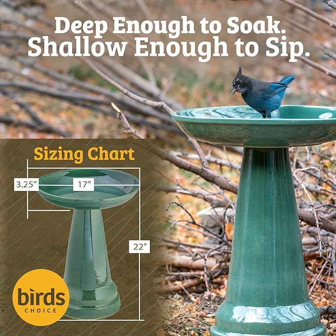 Birds Choice Ohio Stoneware Bird Bath | Pedestal Bird Bath, Stable Locking Top | Weather-Resistant Ceramic Clay, Glazed Finish | Outdoor Garden & Patio Decor | 22" H x 17" D, Midnight Blue