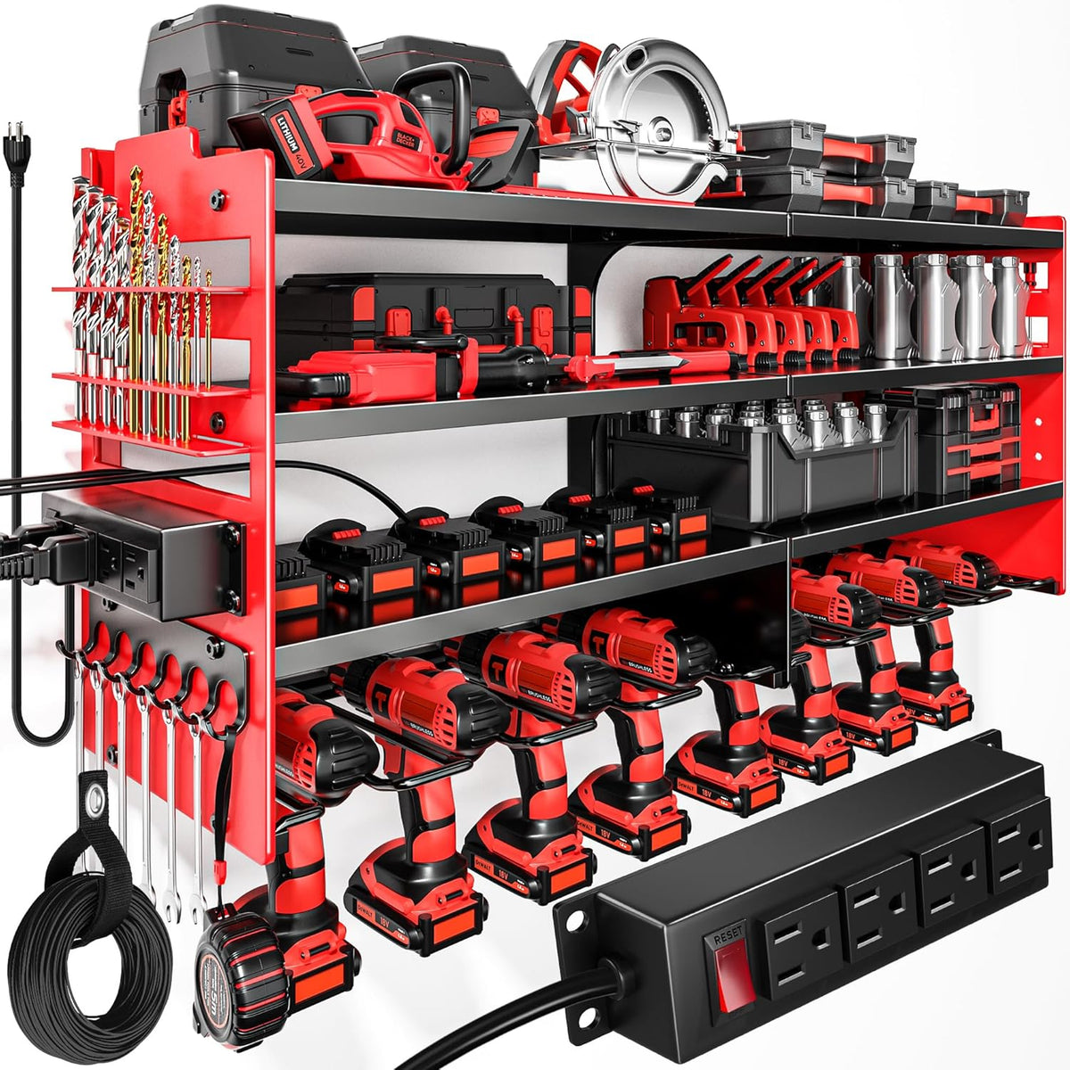 Large Power Tool Organizer Wall Mount with Charging Station,4 Layer Heavy Duty Metal Tool Storage Shelf Loads 600lbs,Battery Utility Rack With 4 Outlet Power Strip with 8 Cordless Drill Holder