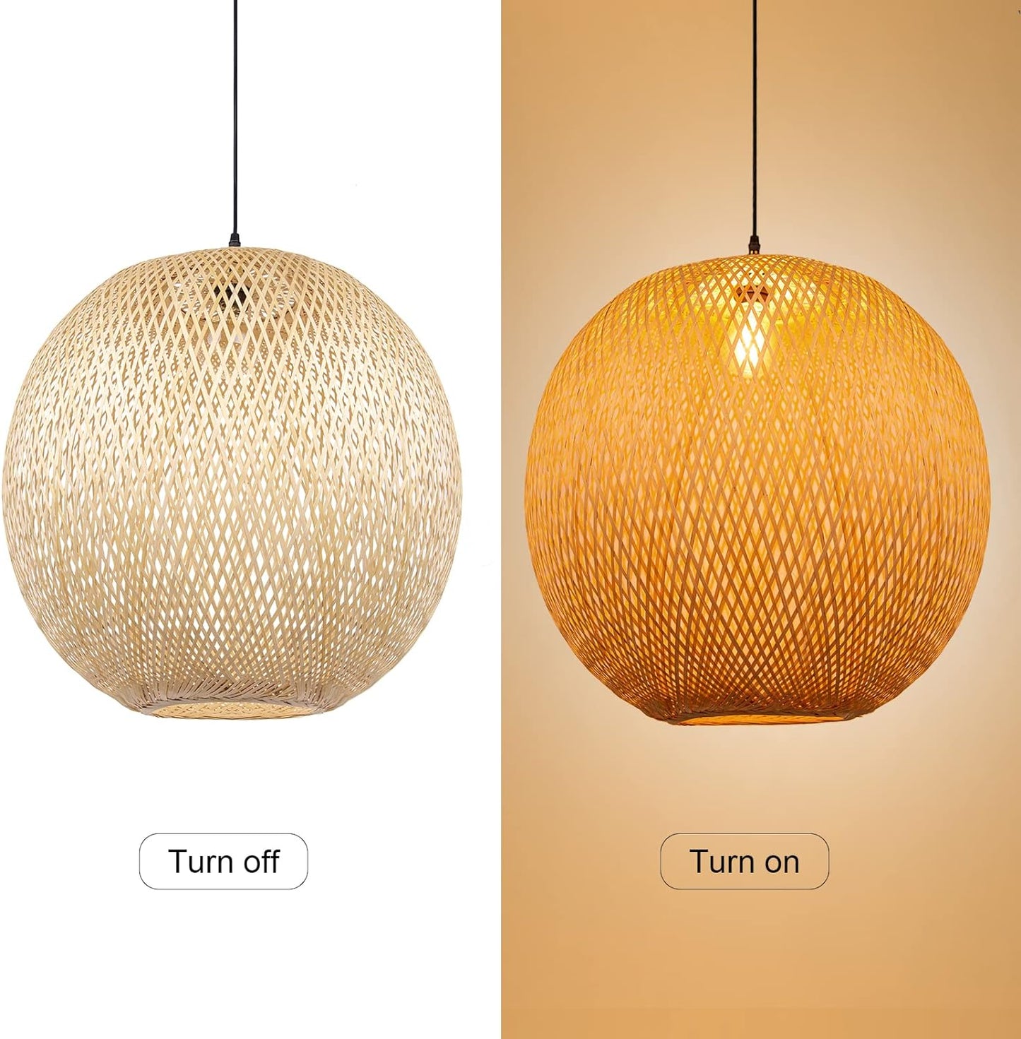Arturesthome 15.7" Bamboo Pendant Lights, Round Wicker Chandelier, Hand-Woven Boho Basket Lampshade Hanging Ceiling Light for Kitchen Island Living Room