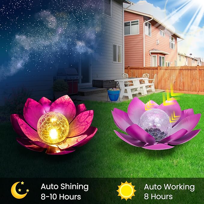 HPC Decor Solar Lights Outdoor Garden Decor - Art Crackle Globe Glass Lotus Decoration, Waterproof LED Metal Flower Lights for Outdoor Decor on Patio,Lawn,Walkway,Table,Perfect Gifts (Purple 11in)