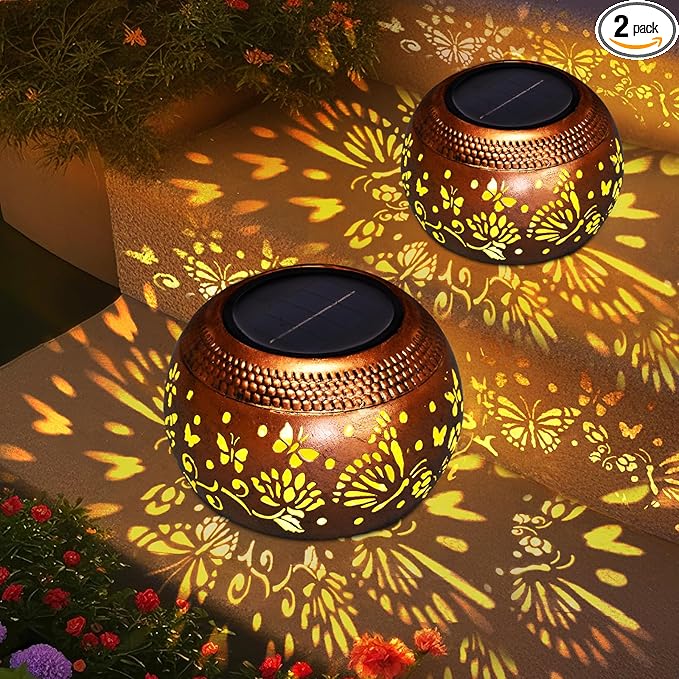 Butterfly Solar Lantern Outdoor Patio Decor, 2 Pack Retro Metal Waterproof Garden Decor Solor Lights, Birthday Gifts for Women Mom Grandma ,Yard Porch Garden Balcony Decorations