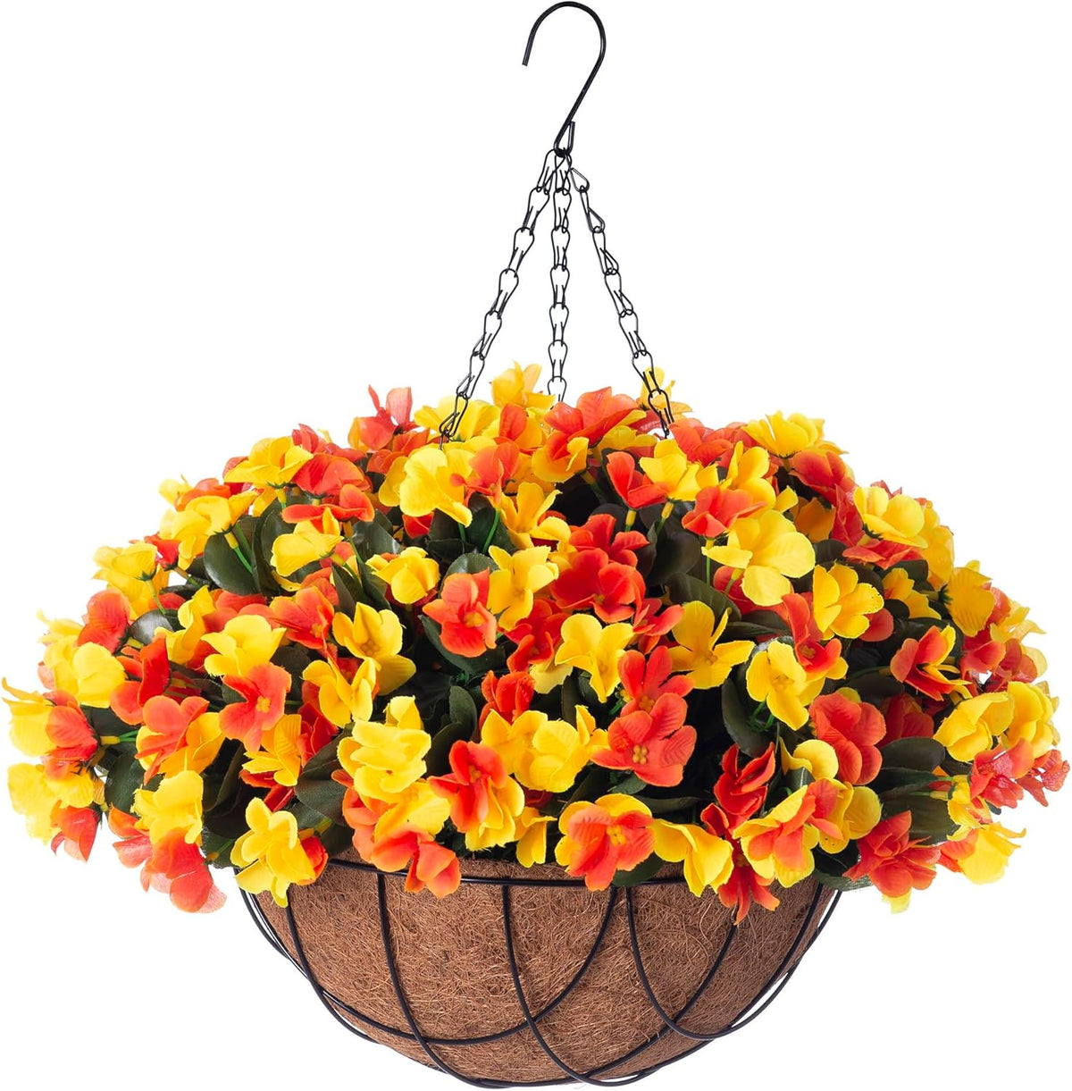 Fall Artificial Hanging Flowers with 12" Basket for Outdoor Decor, Fake Hydrangea UV Resistant Arrangements in Pot Planter Decor for Autumn Porch Garden Yard(OrangeYellow)