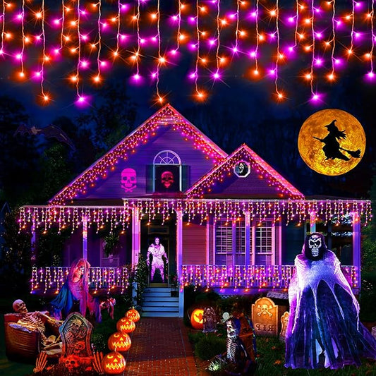 Hezbjiti 400LED Halloween Lights Purple Orange Icicle Lights 32.8FT Halloween String Lights Outdoor Decoration 8 Modes 75 Drops Fairy Lights for Eaves Party Yard Garden Halloween Decor