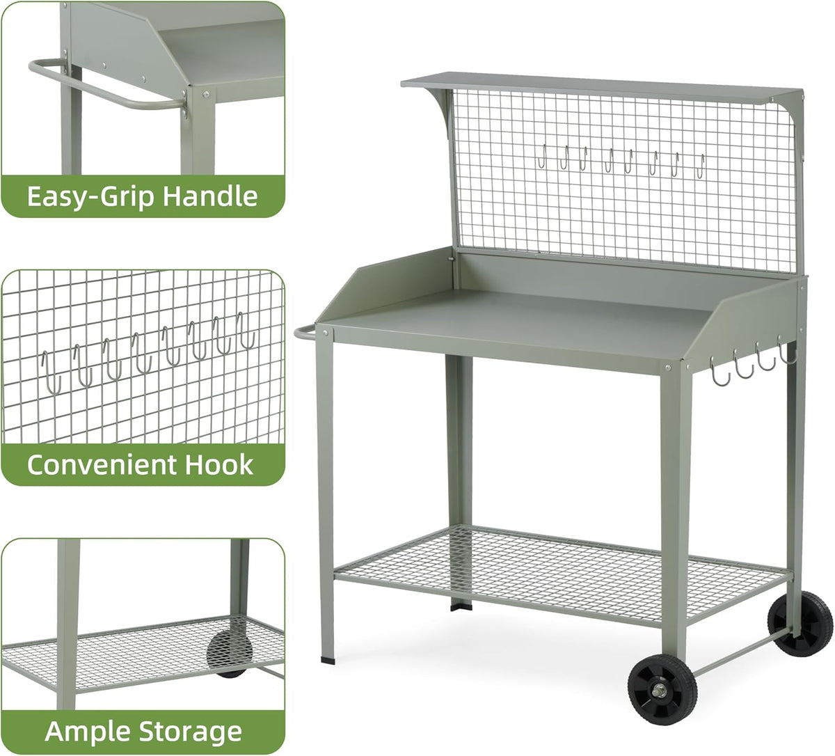 Outdoor Metal Potting Bench with Wheels, Heavy Duty Garden Workbench Table with Storage Shelf (Green, 52.8"x36.6")