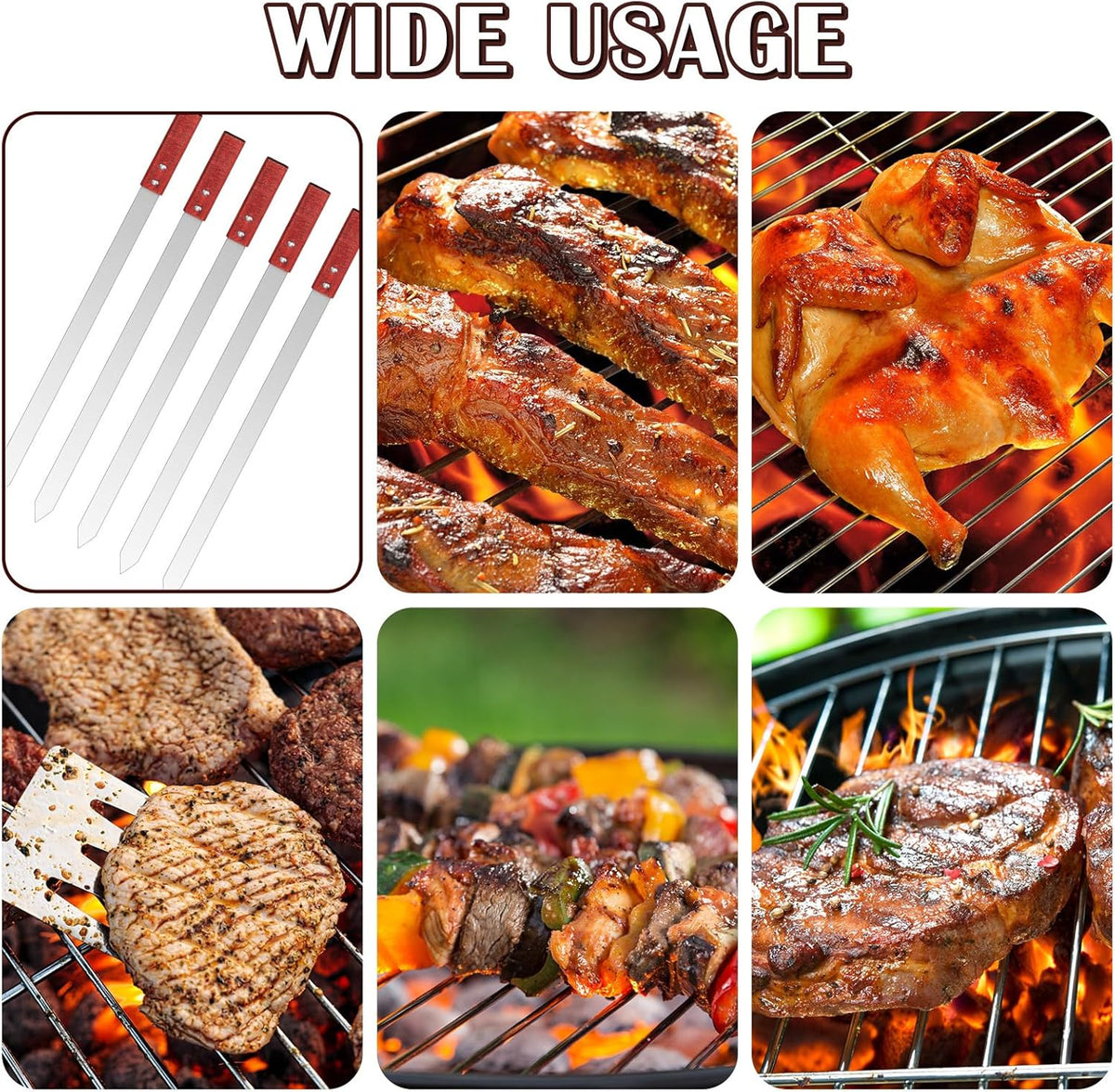 Zhehao 16 Pcs Heavy Duty Kabob Skewers 1 Inch Wide 2 mm Thin Kabob BBQ Stainless Steel Metal Skewers for Grilling with Wooden Handles, Silver(23 Inch Long)