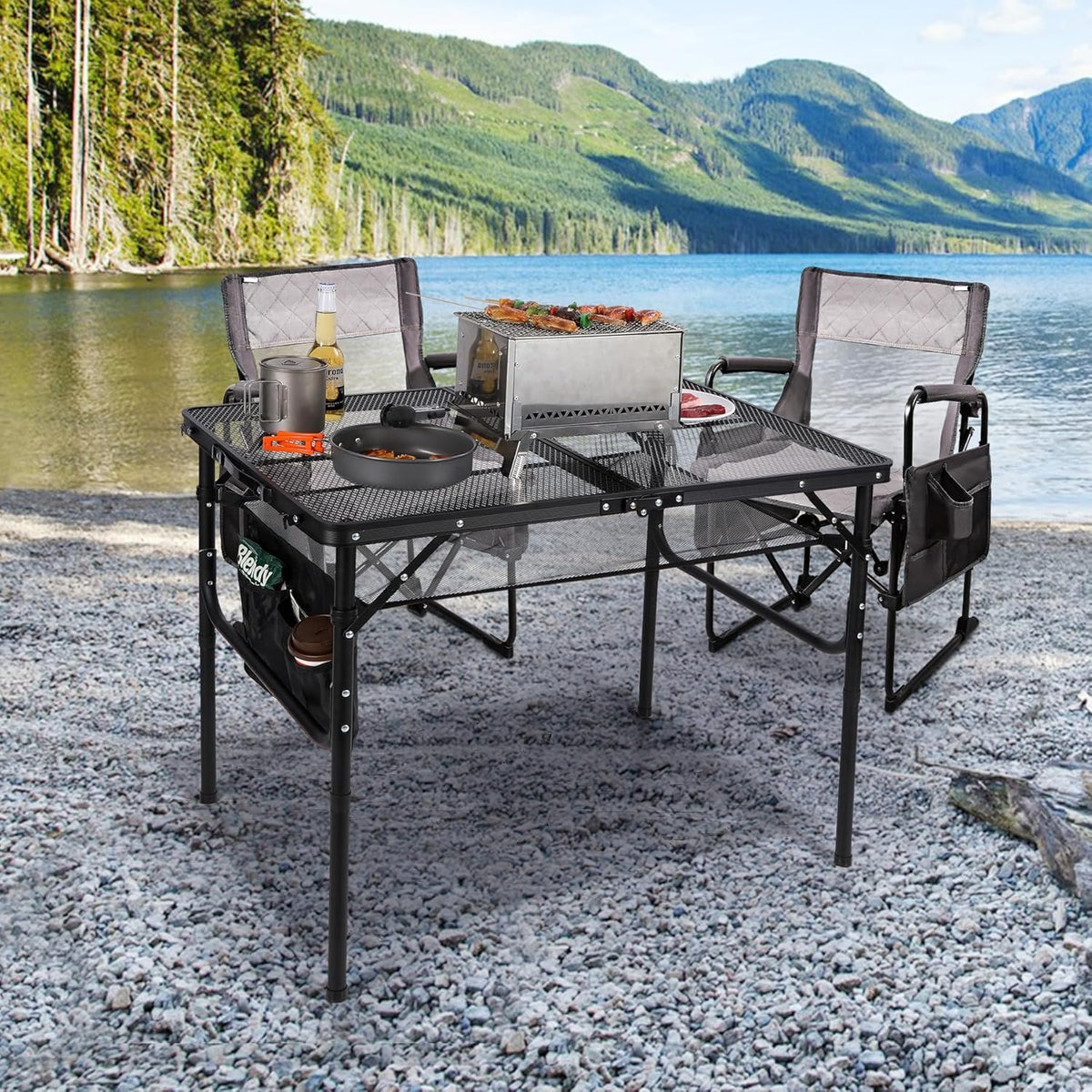 RedSwing Folding Grill Table,Aluminum Portable Grill Stand Table for Outdoor Camping Picnic BBQ Lightweight, Adjustable Height, 36''x24''x16/28'', Black