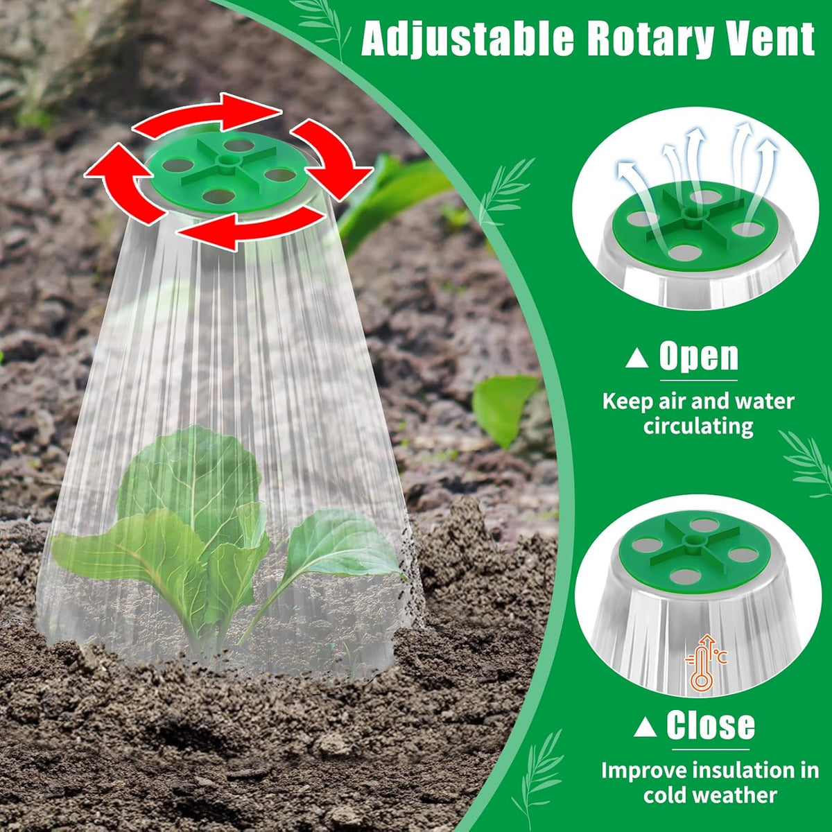 UQM 50 Pack Garden Cloches for Plants, Reusable Bell Plant Protector with Rotary Vent Cover, Garden Protection from Animals Snails Birds Chickens Insect, 9.44" H X 8.07" D (Clear)
