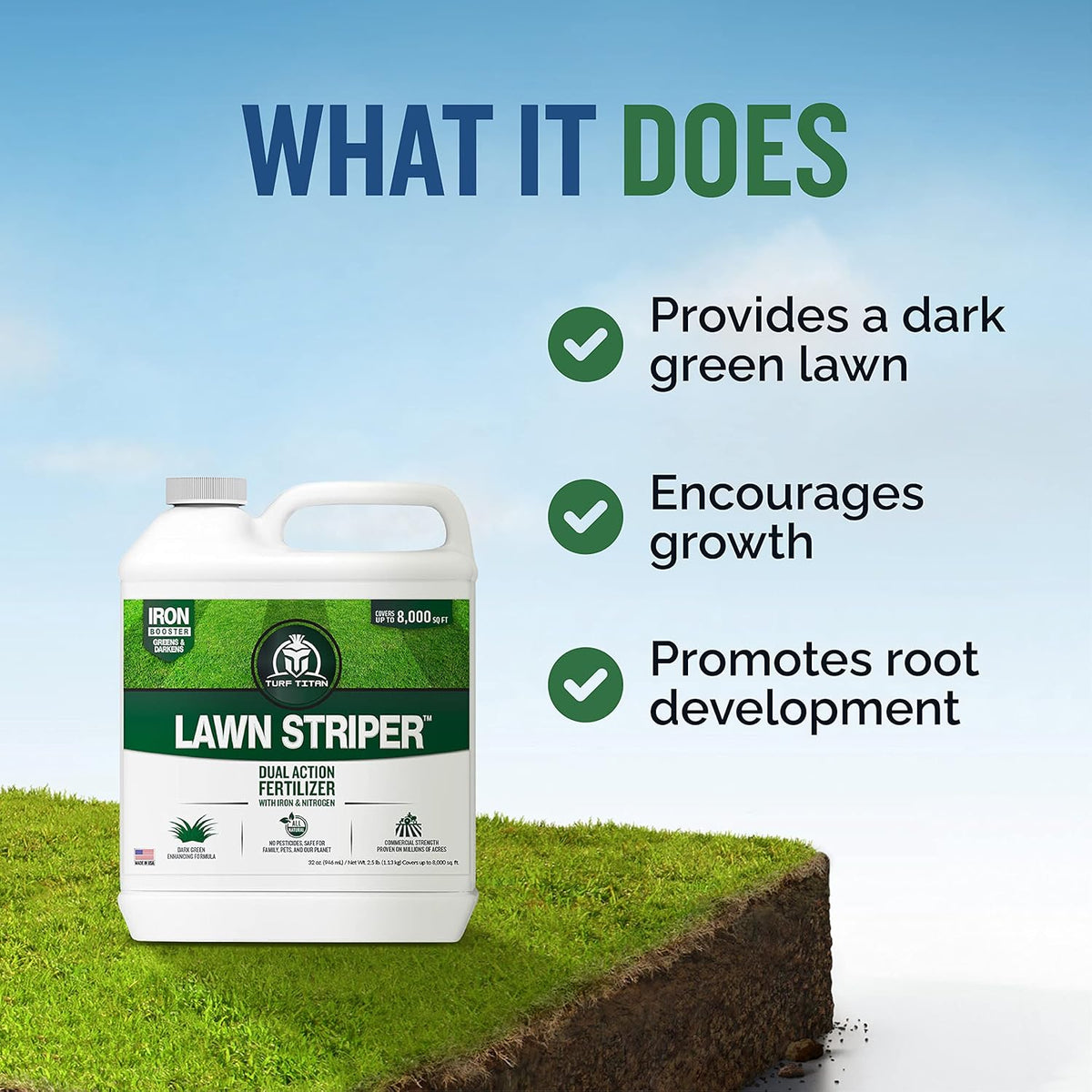 Turf Titan Lawn Striper - Iron & Nitrogen Fertilizer to Promote Dark-Green, Stripe-Defined Turfs - Kids & Pet Safe, Natural Lawn Fertilizer - Stunning Green Grass Fertilizer - Covers up to 8,000 Sq Ft