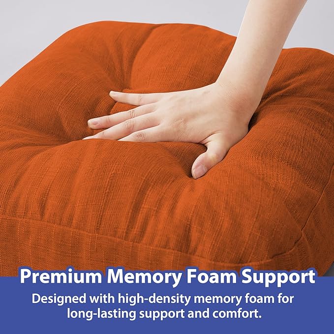 Chair Cushions for Dining Chairs, Dining Chair Cushions, Tufted Indoor Chair Pads with Ties & Non Slip Backing, Seat Cushions for Kitchen Chairs 16.5” x 16.5” x 3.5”, Set of 6, Orange