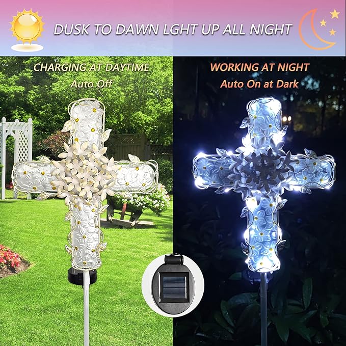 38Inch Solar Cross Garden Lights Outdoor Decorative - Solar Metal&Glass Cross White Hydrangea Flower Stake Lights- Waterproof 20 Warm White LED for Remembrance Gifts & Sympathy Gifts.