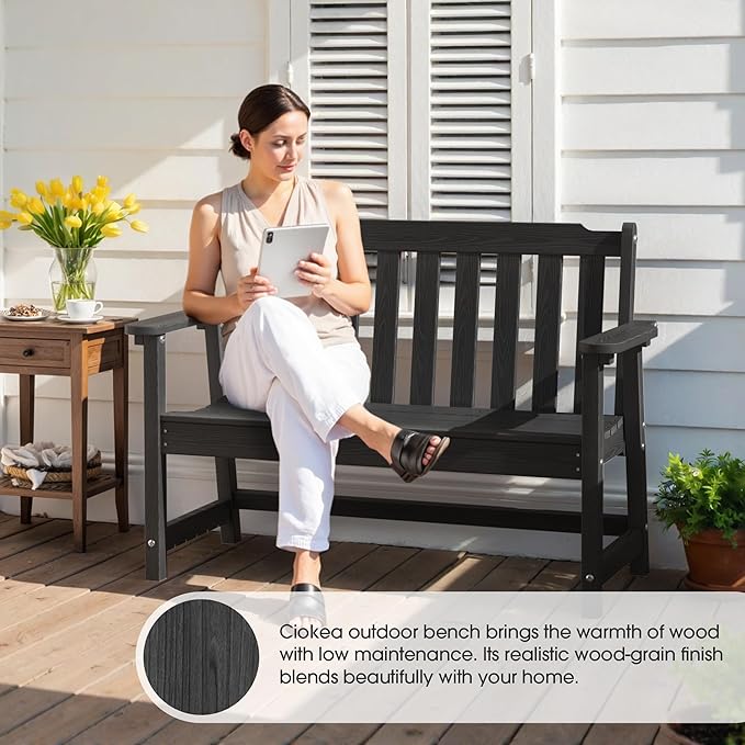 Ciokea 46" Heavy Duty Outdoor Bench Set of 2, HDPE Weatherproof Garden Bench, 2-Person Memorial Benches with 660 Lbs, Waterproof Patio Porch Benches for Outside Business Deck Office Backyard, Black