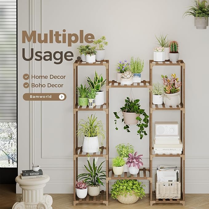 Bamworld Plant Stand Indoor Outdoor Hanging Shelf for Multiple Plants Tall Large Holder for Living Room Patio Balcony Garden (A-Cabinet-Wider)
