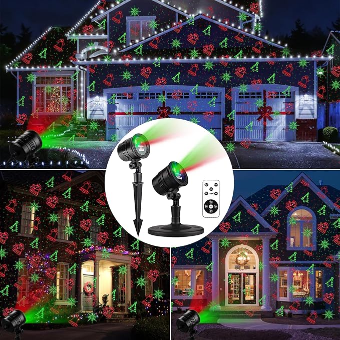 Christmas Projector Lights Outdoor, Waterproof Christmas Laser Lights Landscape Spotlight Decorative Stage Lights with Red and Green Xmas Patterns for Party Garden Patio Wall Ceiling Floor