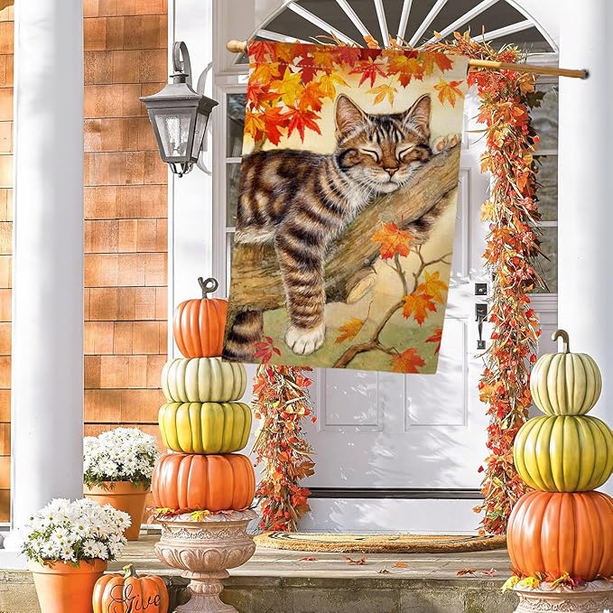 BLKWHT Fall Cat House Flag 28 x 40 Vertical Double Sided Autumn Leaves Thanksgiving Holiday Outside Decorations Burlap Yard Flag BW699-40