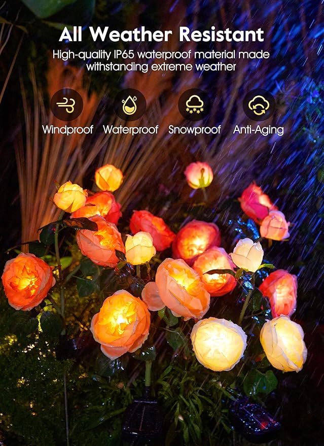 Brightown Solar Garden Lights - 4 Pack Solar Flowers Lights with Larger & More Realistic Austin Rose, Bigger Solar Panel, Solar Lights for Outside Waterproof for Yard Patio Garden Decoration