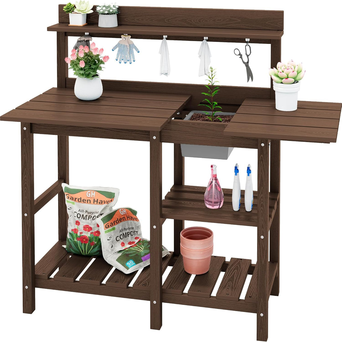 SERWALL Potting Bench Outdoor Potting Table with Sink, HDPE Potting Benches for Outside Gardening Table All Weather Use- Coffee