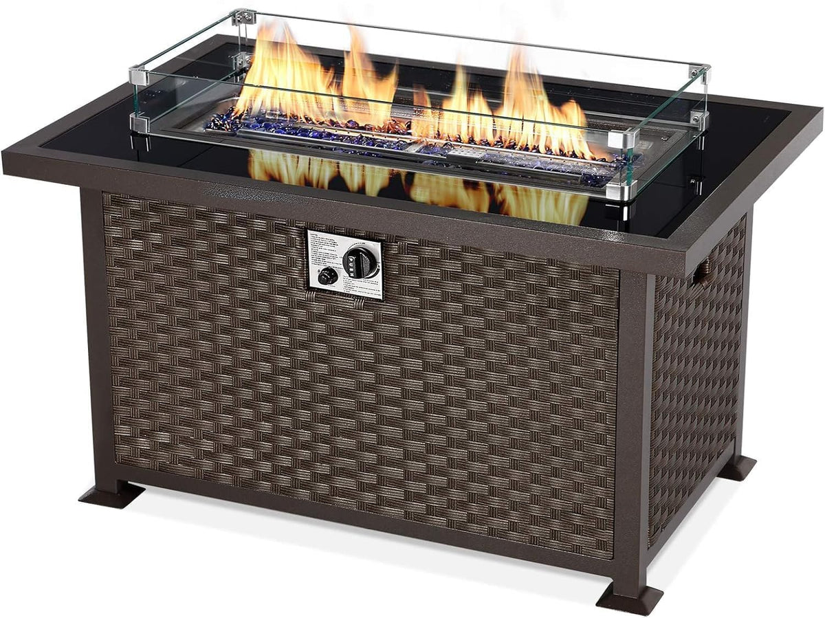 U-MAX 44in Outdoor Propane Gas Fire Pit Table, 50,000 BTU Auto-Ignition Gas Firepit with Glass Wind Guard, Black Tempered Glass Tabletop & Blue Glass Rock, Brown PE Rattan, CSA Certification