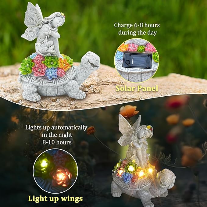 Choies Solar Angel Garden Statue Outdoor,Little Angel Sitting on Turtle Garden Sculpture for Outside,Angels Figurines Gifts for Women,Mom,Angel Outdoor Decoration for Home,Garden,Patio,Yard