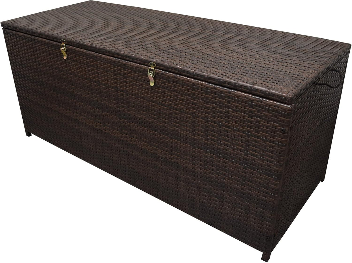 Oakland Living Brown Indoor and Outdoor Balcony Patio Deck Porch Pool 113 Gallon Wicker Storage Box Trunk Bin with Metal Frame