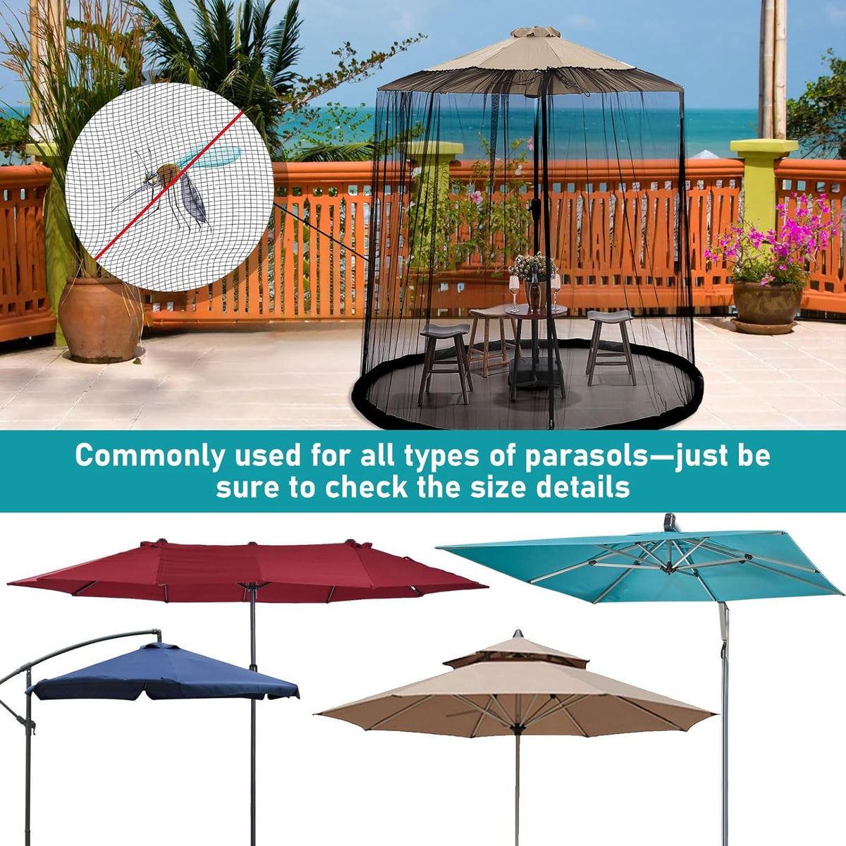 ShowyLive 12x12 Patio Umbrella Mosquito Netting with Zipper 4 Doors & 8 Weight Bag - Adjustable Polyester Mesh Bug Screen for Outdoor Umbrellas, Garden, Patio Tables (Black)