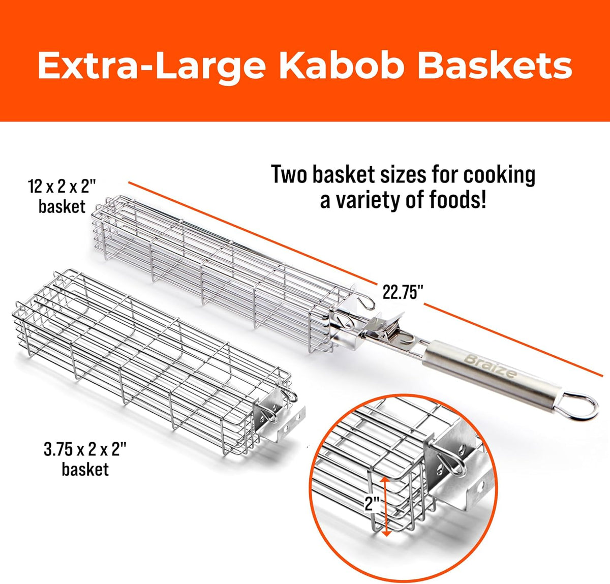 Large Grilling Basket Set – 3 Stainless Steel Kabob Baskets with Removable Handle & Scrubber Sponge – Heavy-Duty Grill Accessory for Veggies, Meat & More
