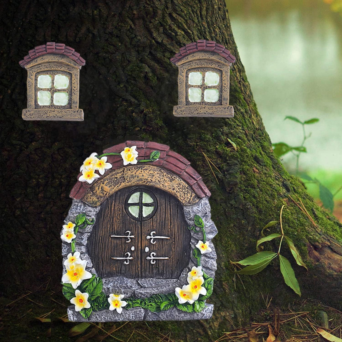 Fairy Gnome Home for Tree Decor，Glow in Dark Fairy House Have Window and Door for Garden Decoration，Fairies Sleeping Door and Windows, Yard Art Garden Sculpture, Lawn Ornament