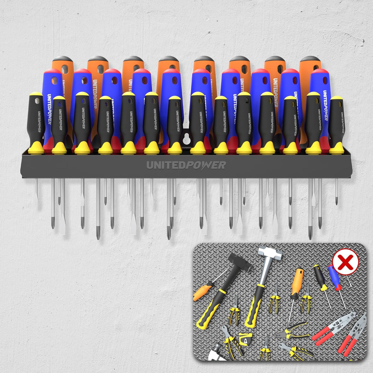 UNITEDPOWER Screwdriver Holder, Wall Mount Storage Rack Organizer for Workshop, Shed, Garage, Home, Stores up to 32 Screwdrivers or Small Tools
