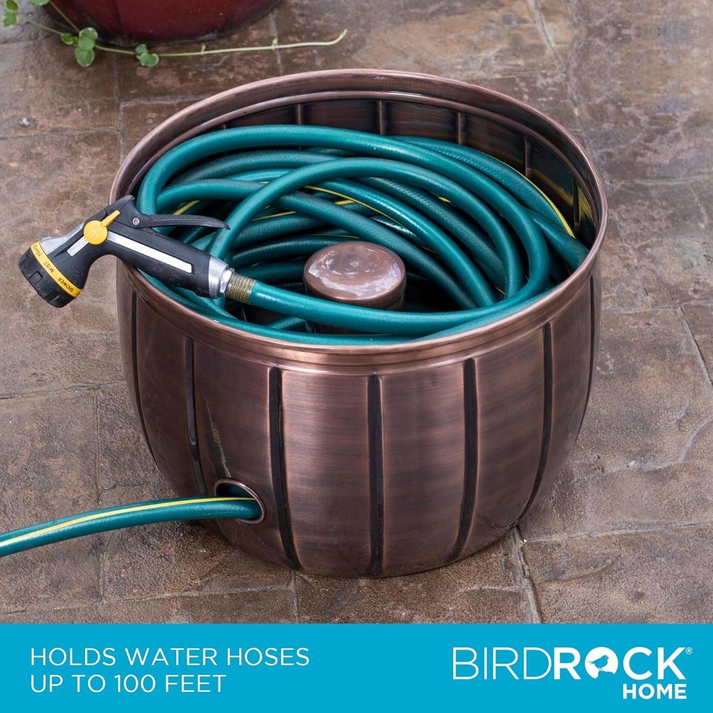 BIRDROCK HOME Water Hose Holder - Decorative Metal Pot, Indoor or Outdoor, Garden Storage Organizer, Patio Portable Bucket - Antique Copper, Holds up to 100ft Hoses, Medium No Lid