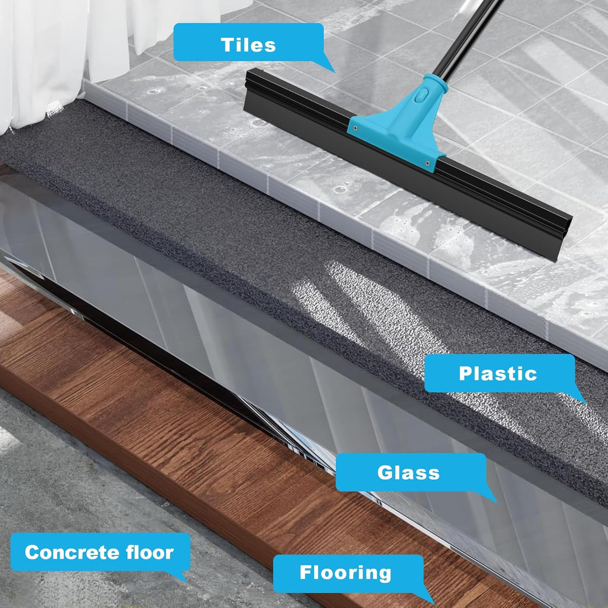 NEWE Floor Squeegee Broom with 18’’ Heavy Duty Rubber Scraper and 58.3’’ Telescopic Long Handle for Garage Concrete Bathroom Tile Shower Glass Marble Deck Window
