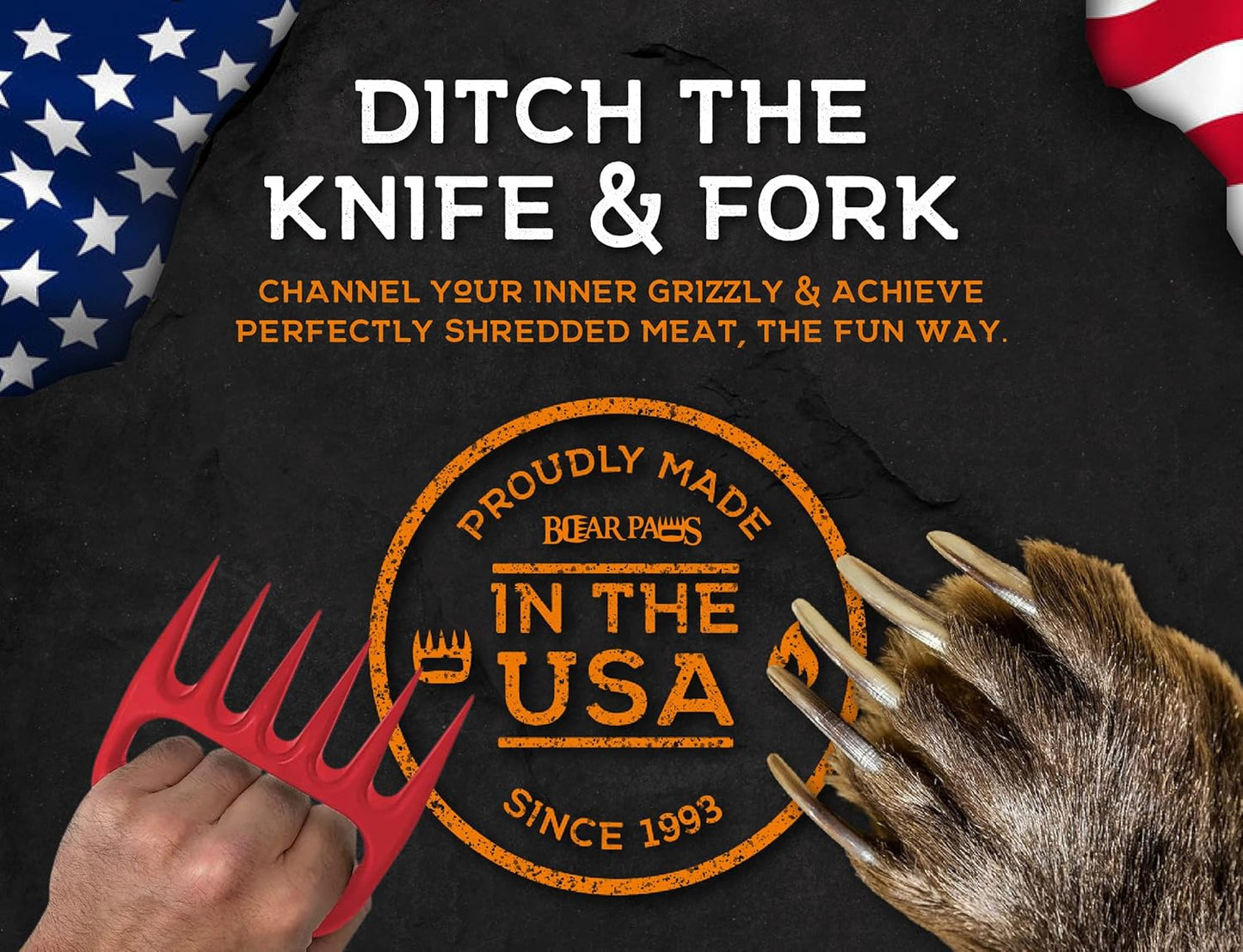 Bear Paws Meat Claws - The Original Meat Shredder Claws for Pulled Pork, USA Made - Easily Lift, Shred, Pull and Serve Pork, Chicken, Brisket and Turkey - Gift for Dad on Father's Day! (Red)