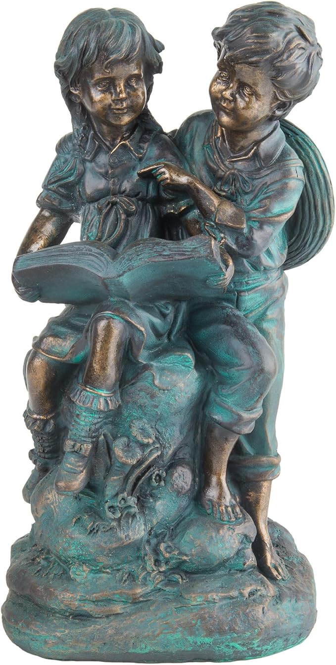 Alpine Corporation 15" Tall Indoor/Outdoor Girl and Boy Reading Together Statue Yard Art Decoration