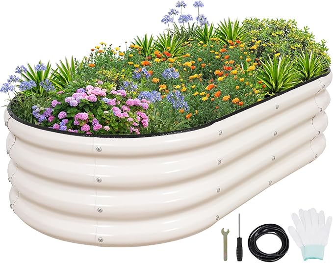 1MORE Galvanized Raised Garden Bed- Planter Garden Boxes Outdoor, Raised Beds for Gardening, 4x2x1ft Metal Garden Bed Kit for Vegetables Flower, Planter Raised Beds with Protective Tape & Tools.White