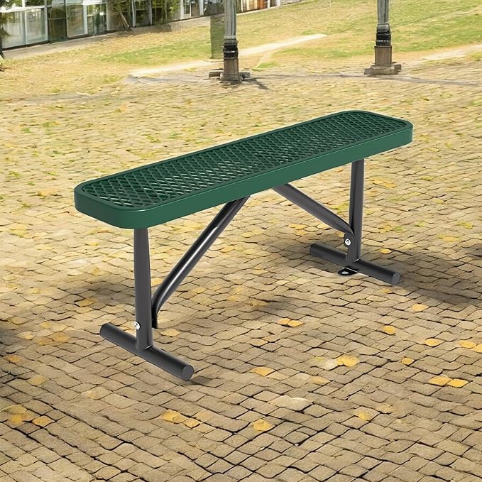 48" L Outdoor Steel Flat Bench, Heavy Duty Metal Park Bench for Outside, Expanded Metal, Commercial Benches Mesh Bench for Shopping Mall, Store, Lawn, Park, Patio, Deck, Garden (Green, 4FT)