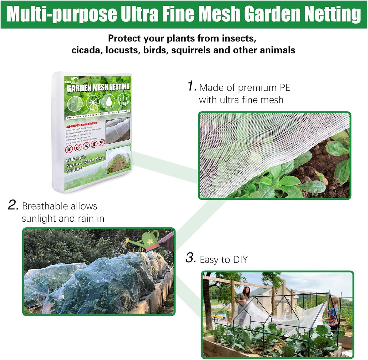 SnugNiture Garden Netting 8x24FT Ultra Fine Mesh Mosquito Netting Plant Covers, White Bird Netting Barrier Greenhouse Row Cover Protect Fruits Flower Vegetables from Birds Deer & Squirrels