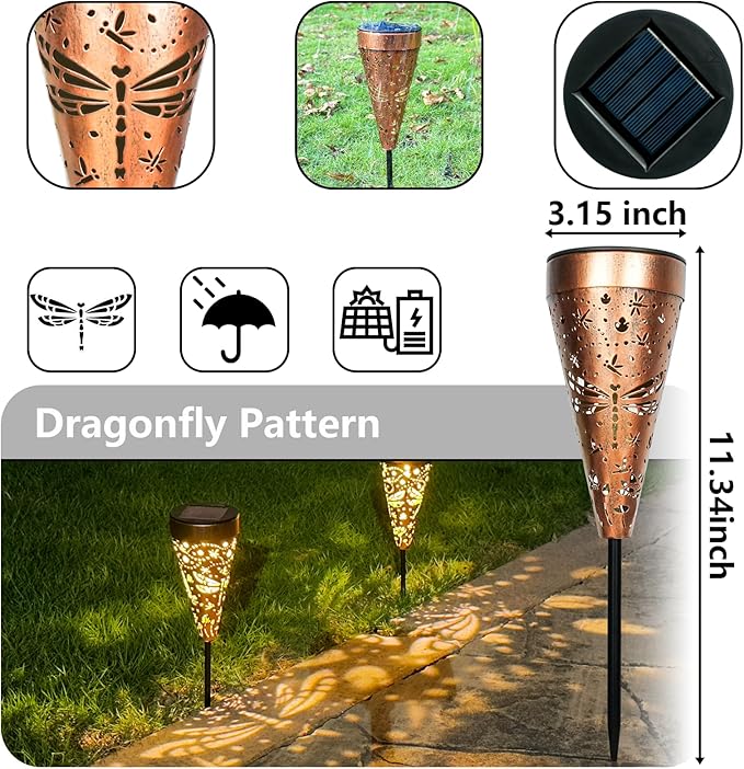 2-Pack Dragonfly Outdoor Solar Pathway Lights, Metal Garden Path Decorations, Waterproof Landscape Lighting for Yard, Lawn, Walkway – Gifts for Women, Mom, Grandma