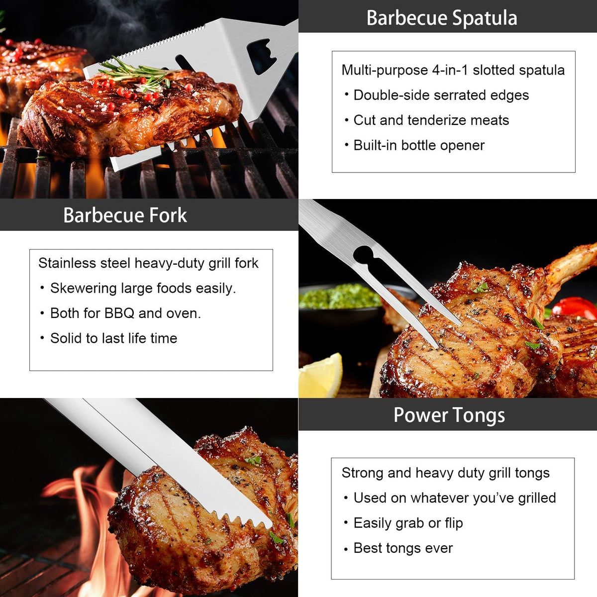ROMANTICIST 30pcs BBQ Grill Tool Set for Men Dad, Heavy Duty Stainless Steel Grill Utensils Set, Non-Slip Grilling Accessories Kit with Thermometer, Mats in Aluminum Case for Fathers Day Black