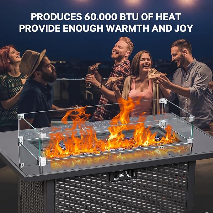 5 Piece Patio Furniture Set with 43" Propane Fire Pit Table, Outdoor Wicker Conversation Set, Rattan Modern Sectional Sofa Couch with Coffee Table for Backyard Porch Garden Poolside, Black-Blue