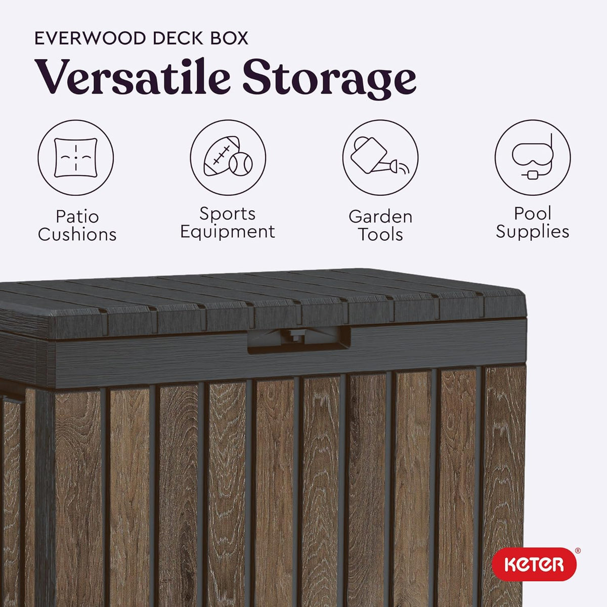 Keter Signature Everwood 50 Gallon Resin Outdoor Storage Box and Patio Furniture Side Table for Pool and Garden Accessories, Walnut