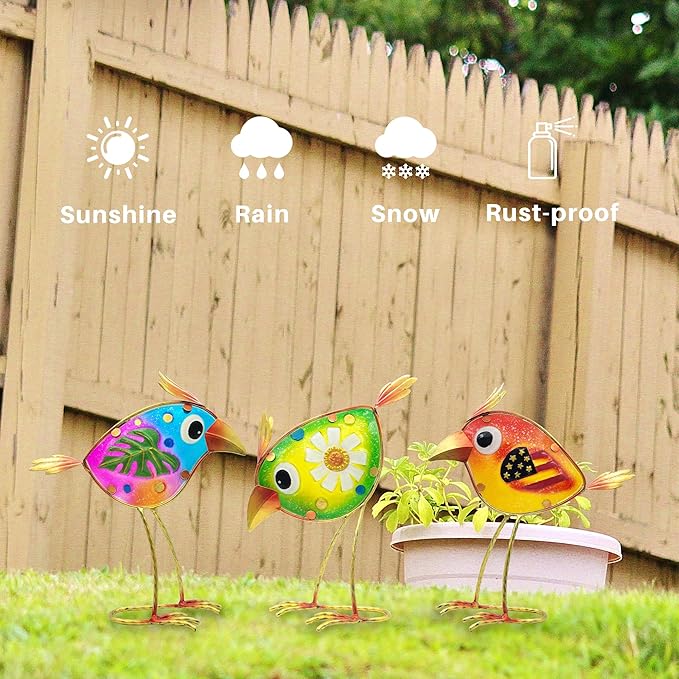 Birds Garden Decor for Outside: Metal & Glass Bird Yard Art, Craft Statue Lawn Ornaments for Outdoor, Housewarming Birthday Gifts for Women (3 PCS)