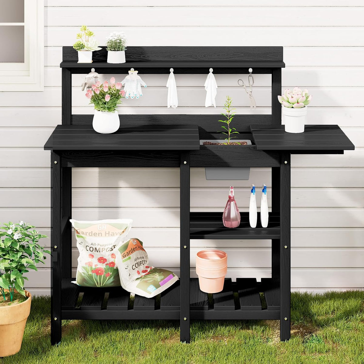 SERWALL Outdoor Potting Bench Potting Table with Sink, HDPE Potting Benches with Storage for Outside Gardening Table All Weather Use- Black