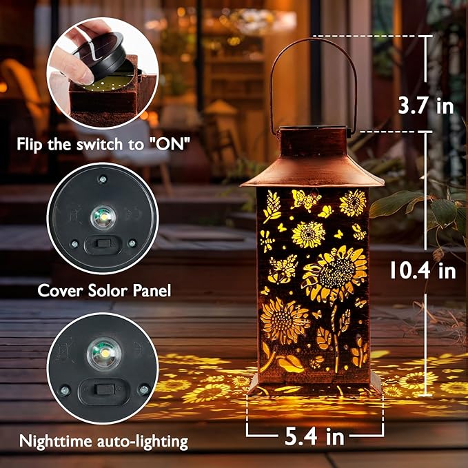 Homemory Sunflower Solar Lanterns Waterproof, Metal Hanging Hollowed-Out Metal Decor Lantern, LED Outdoor Decoration for Outside LED Lanternse for Yard, Backyard, Porch, Lawn