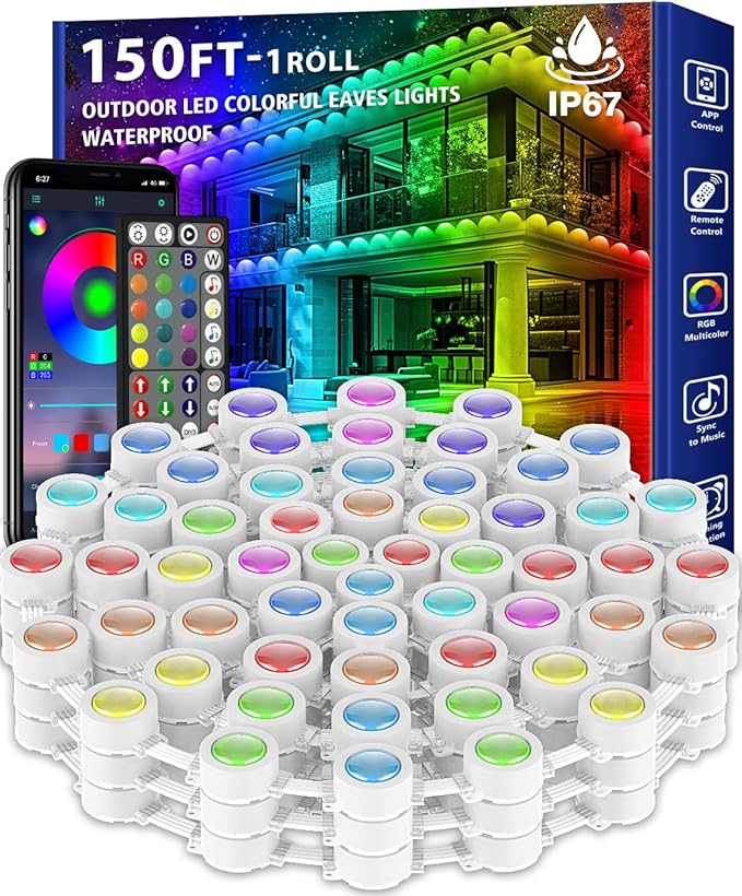 150FT Permanent Outdoor RGB Lights,Waterproof Smart LED Eaves Lights with App/Remote Control,for Christmas and All Holiday Decor,Daily and Accent Lighting,House Roof and Garden Lighting