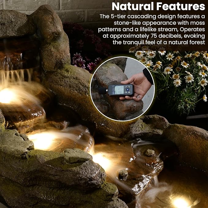 42 in Natural-Style Tier Garden Rock Water Fountain Outdoor, Floor-Standing Fountains That Feature Gentle Waterfall and LED Lights for Patio, Backyard, Deck, Porch, Home Décor