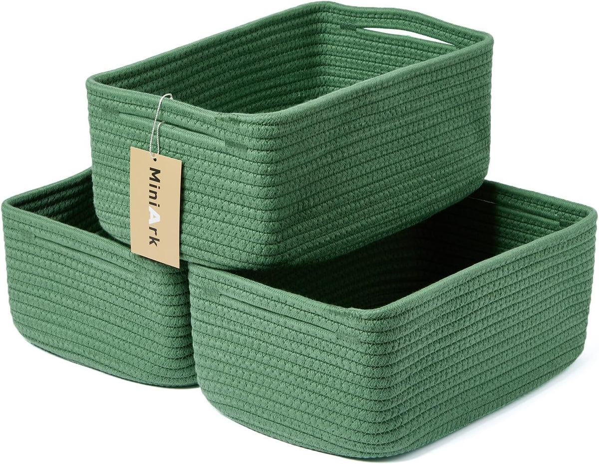 Small Storage Baskets for Organizing | Closet Organizer Bins | Shelf Toy Basket | Woven Rope Baskets | Cube Decorative Box | Shallow Basket | 13x8.5x5.1” | 3 Packs Green